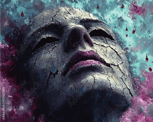 Surreal Cracked Face in Abstract Vector Art with Pink and Blue Textures and Falling Red Petals - Evocative Digital Expression of Beauty and Decay