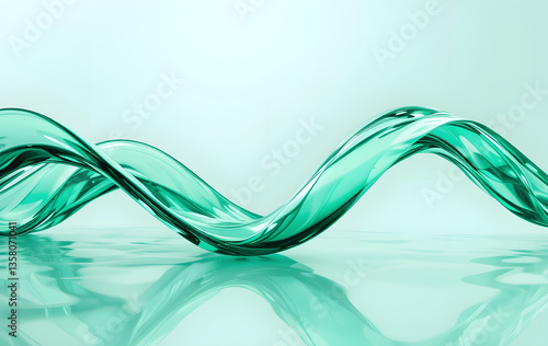 A curved glass ribbon and reflective water surface effects. A minimalist abstract light green background. Abstract glass waves in green turquoise tones on a white background.