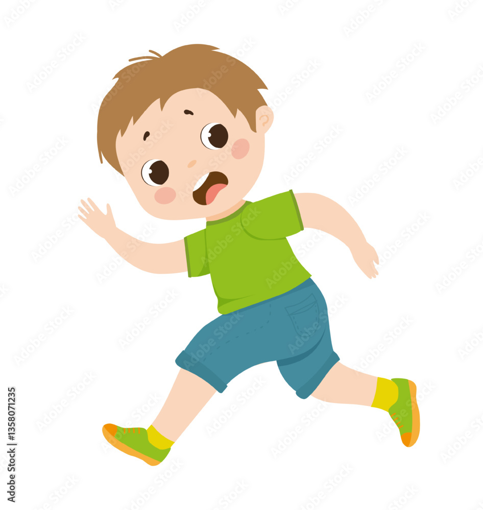Dynamic vector illustration of a boy running away in fear, expressing alarm and movement. The scene captures a moment of intense emotion and childhood.