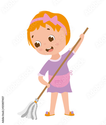Charming vector illustration of a girl sweeping the floor with a broom, helping with chores. The scene highlights responsibility and domestic activity.