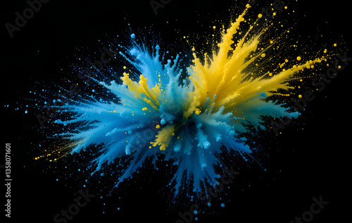Ink water splash. Abstract blue and yellow liquid shapes against a black background. Color Explosion. Dust Particle Isolated on Black Background. Falling colored powder isolated on black background.