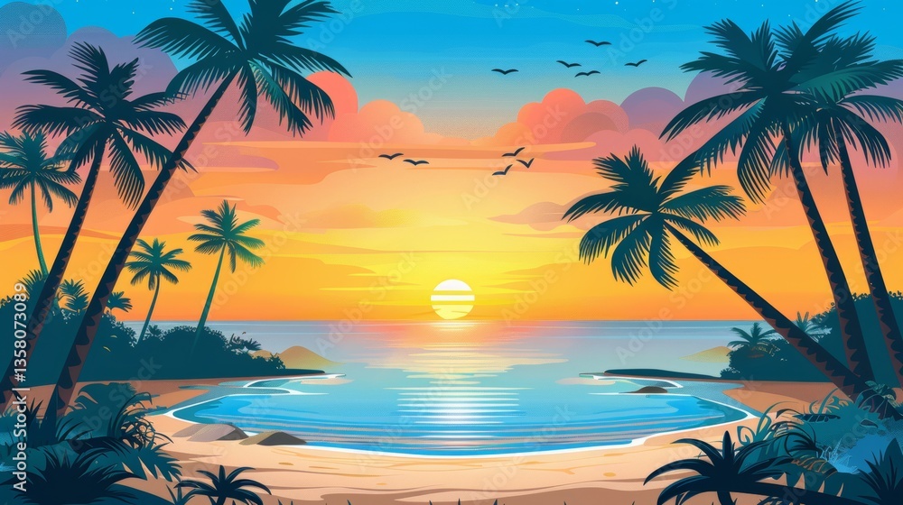 Fototapeta premium Breathtaking tropical sunset over ocean with colorful beach, palm leaves, and reflections