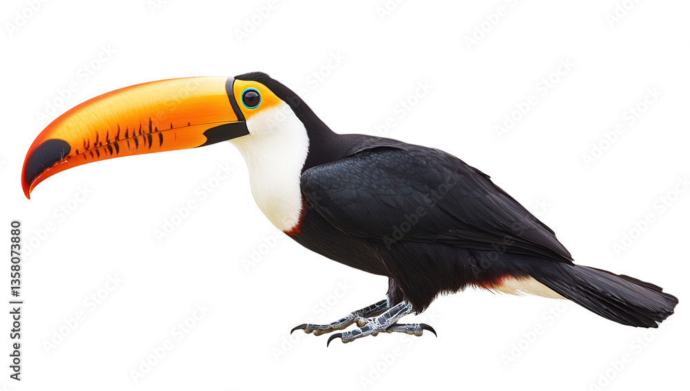 Naklejka premium a vibrant toucan with a large colorful beak stands against a white background showcasing its distinctive features and striking plumage