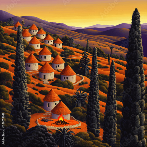 Idyllic Sunset Over Ancient Circular Village with Stone Huts, Red Thatched Roofs, Majestic Cypress Trees, and Rolling Hills in Mediterranean Landscape Vector Art
