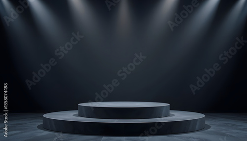 Realistic dark platform, stage with empty pedestal. 3d podium for product display show or place for presentation. Vector.