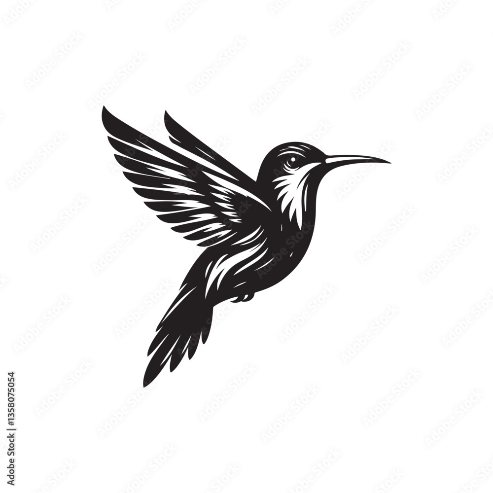 Fototapeta premium Black Color Hummingbird Silhouette Vector Illustration, Solid White Background