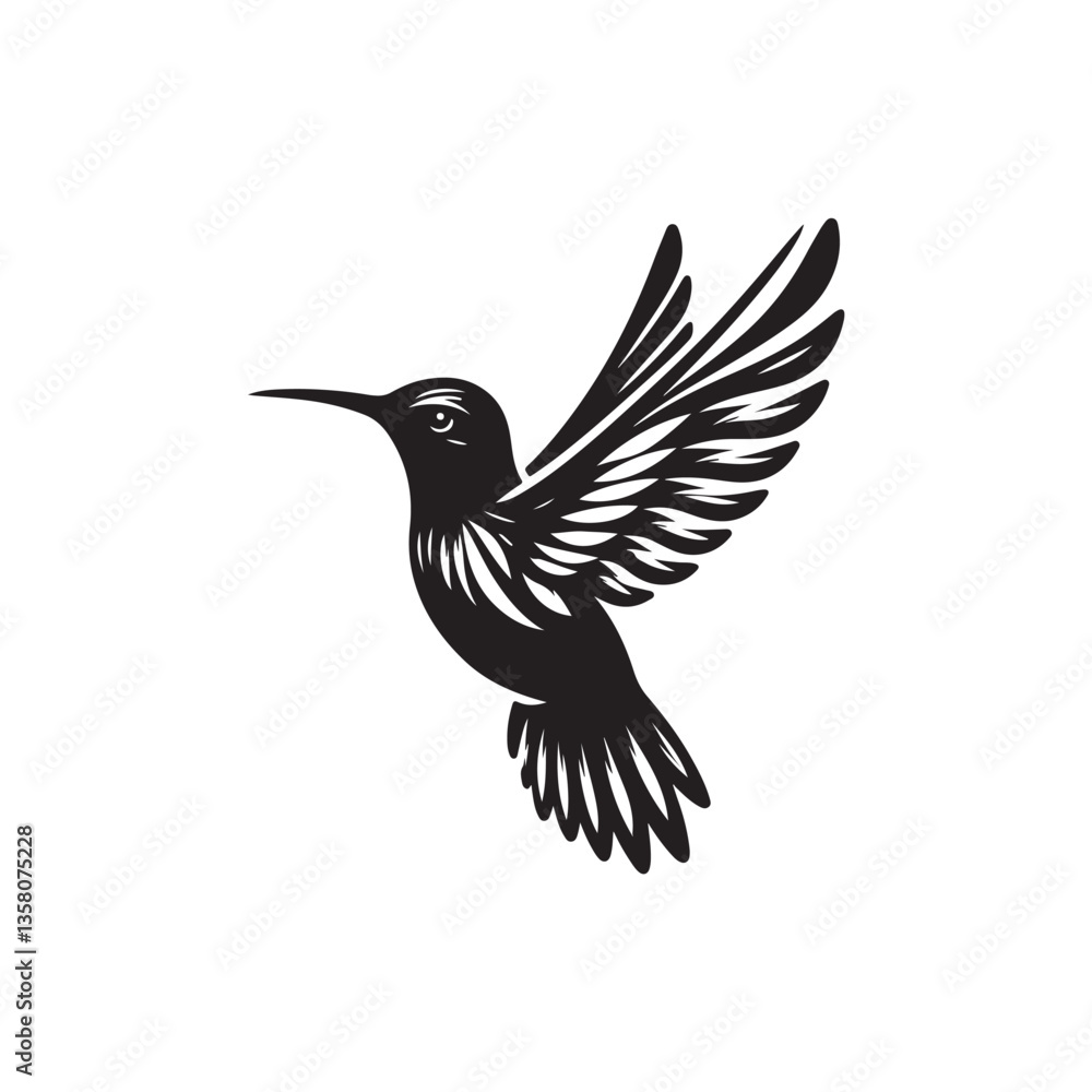 Naklejka premium Black Color Hummingbird Silhouette Vector Illustration, Solid White Background