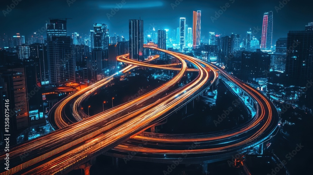 Fototapeta premium High-speed digital data flow depicting vibrant particles in motion during nighttime