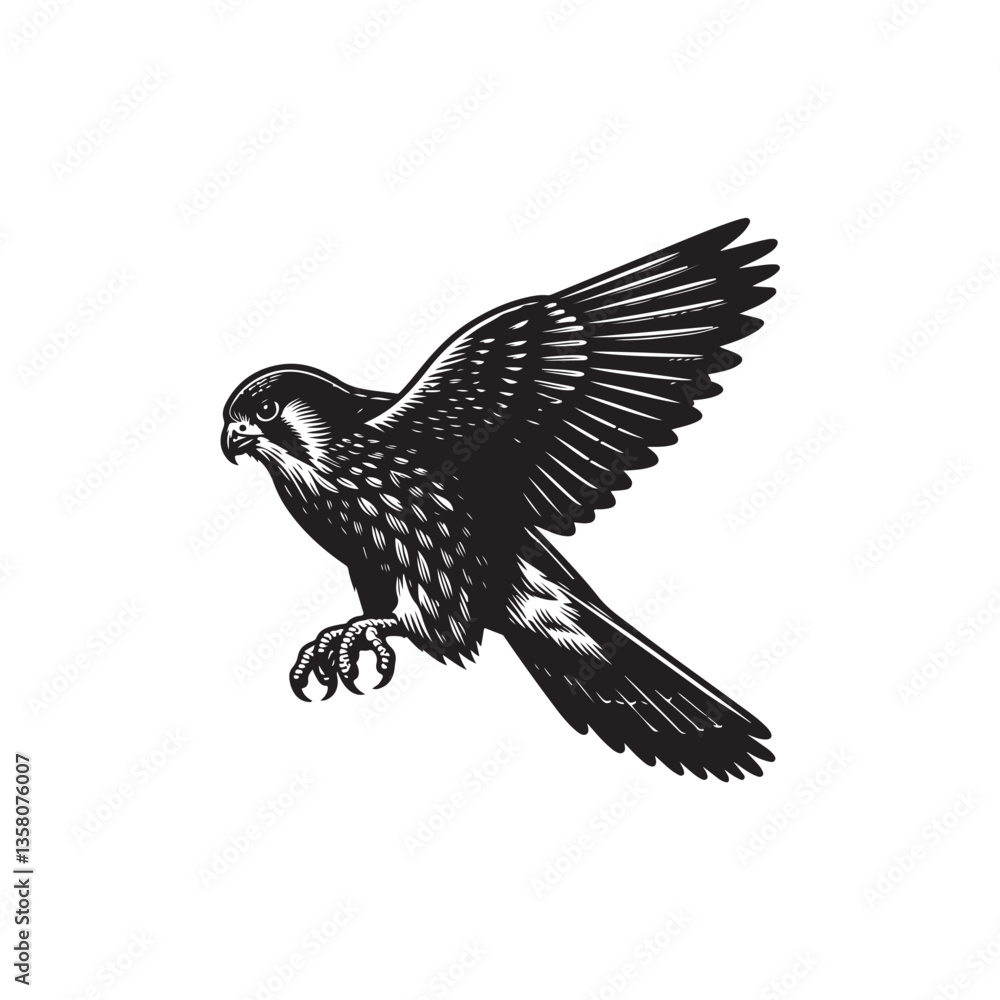 Fototapeta premium Black Color Kestrel Silhouette Vector Illustration, Solid White Background
