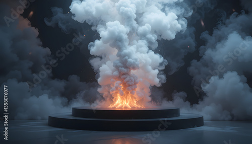 A 3D render of a black podium with dramatic scene of fire and smoke rising