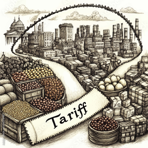 Intriguing Vector Image of Trade Dynamics and Tariffs Featuring Industrial Cityscape, Railroads, Agricultural Produce, Market Crates, and Economic Transportation