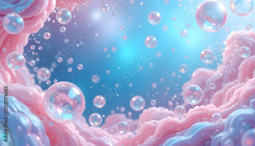 3d render, abstract pastel pink blue background with iridescent magical air bubbles, wallpaper with glass balls or water drops