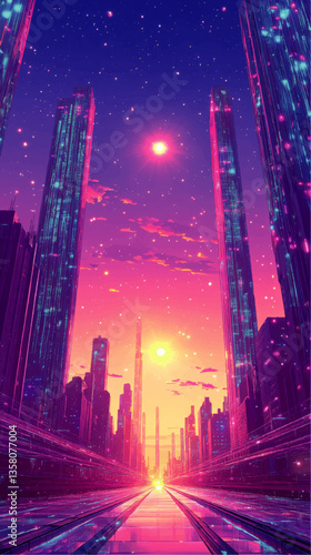 Futuristic Cyberpunk Cityscape at Dusk with Neon Skyscrapers, Starry Sky, and Vibrant Sunset – Discover Stunning Vector Art Imagery in Sci-Fi Metropolis