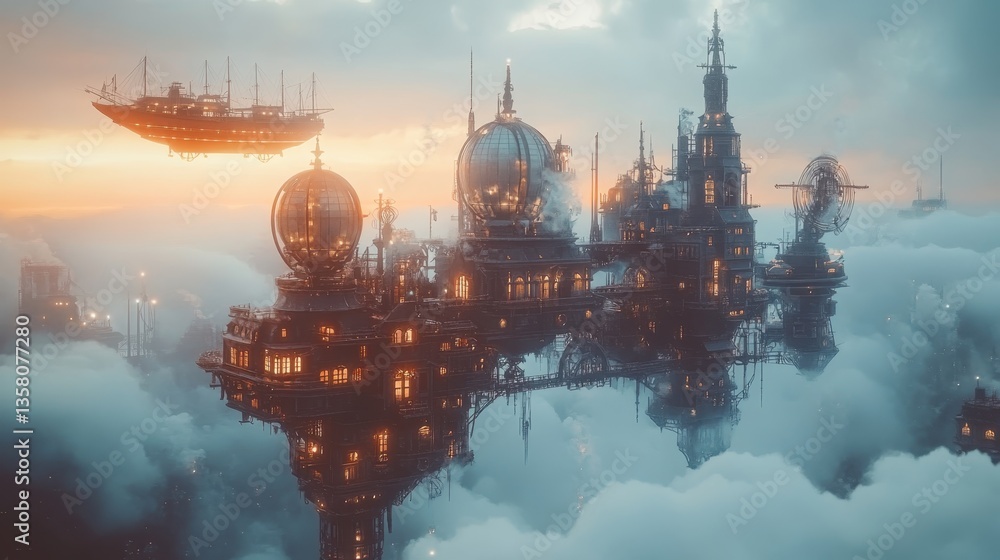 Obraz premium Floating futuristic city above clouds with elegant structures and airships at sunset