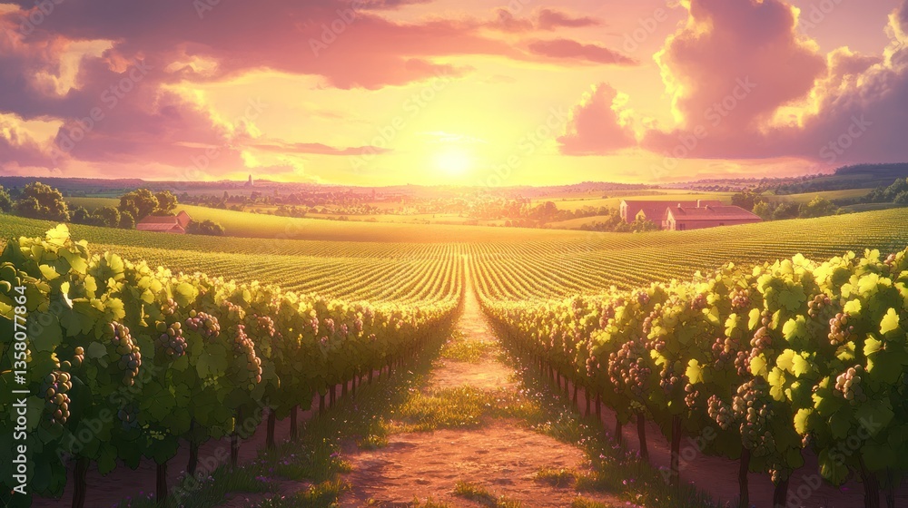 Fototapeta premium Vineyard Sunset Scenic Rural Landscape View