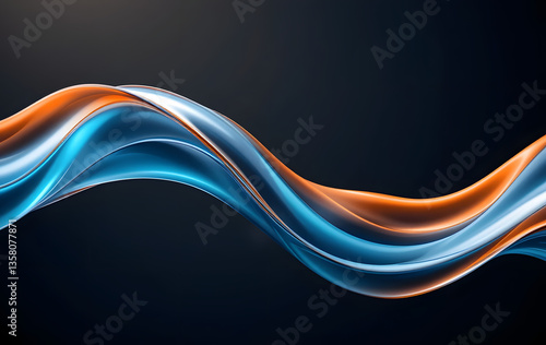 Abstract 3d rendering of liquid glass in the form of a wave with an orange gradient. Banner design element. abstract glass wave on a dark background. Wavy Glass Shapes Background
