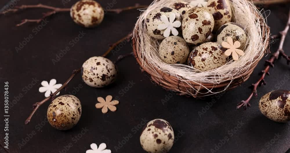 Quail eggs nest, spring decoration with small branches and wooden flowers Quail eggs nest, spring decoration with small branches and wooden flowers
