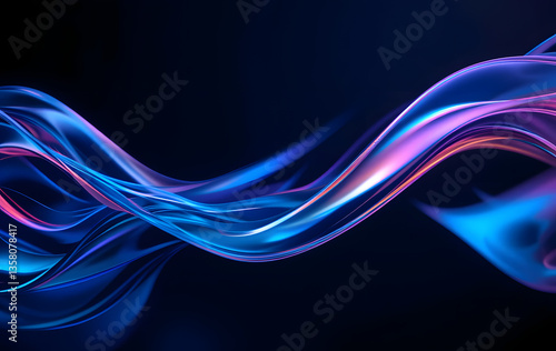 Abstract dark holographic iridescent neon background. Fluid liquid glass curved wave in motion 3d render. Gradient design elements for banners, backgrounds