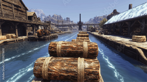 Rustic Lumberyard and Sawmill by Serene Waterway with Stacked Timber Logs, Quaint Wooden Buildings, and Industrial Equipment in Scenic Mountainous Landscape