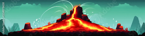 Vibrant Vector Illustration of Erupting Volcano with Flowing Lava and Exotic Landscape Featuring Fiery Eruption, Lava Streams, and Volcanic Activity