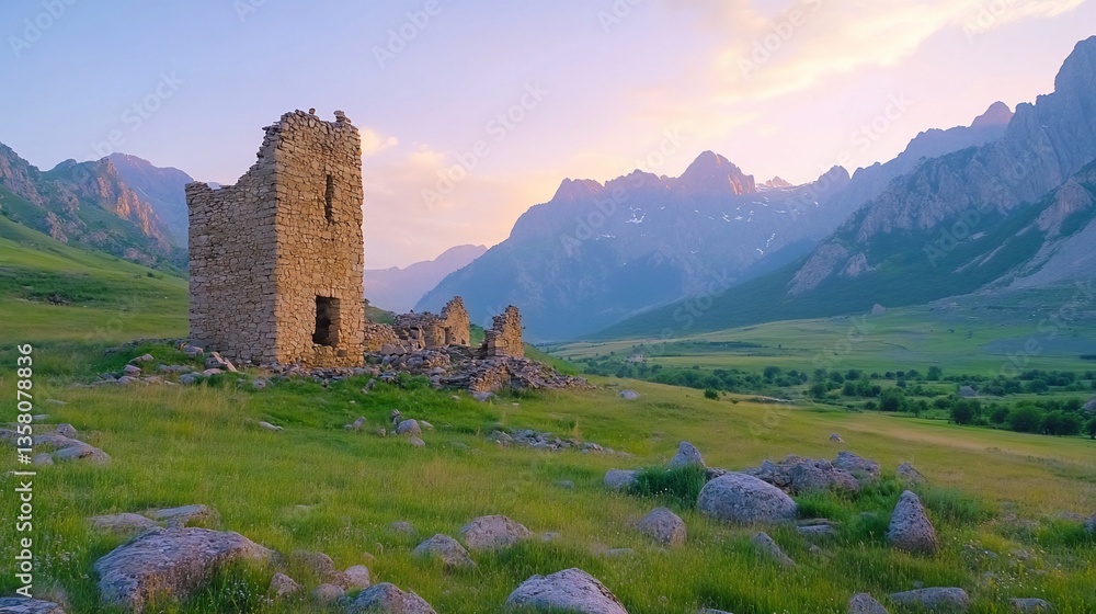 Sunset view of ancient stone ruins in a mountain valley Sunset view of ancient stone ruins in a mountain valley