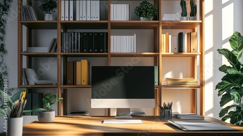 Wallpaper Mural Minimalist Home Office with Wooden Shelves Torontodigital.ca