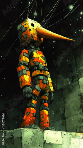 Futuristic Pinocchio Robot Vector Image with Patchwork Design in a Cosmic Setting: Explore Retro-Futuristic Art with Creative Surreal Sci-Fi Elements