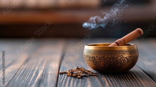 Brass singing bowl emits incense smoke, symbolizing meditation and relaxation