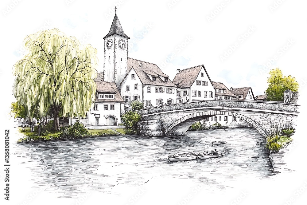 Naklejka premium River Town Bridge for Sketch, European Village.