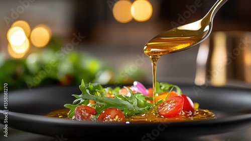 Fresh salad with cherry tomatoes and arugula being drizzled honey