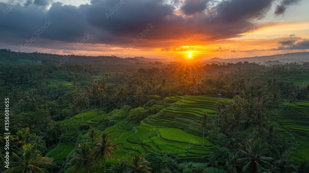 Fototapeta premium Sunrise Over Lush Green Rice Terraces And Palm Trees