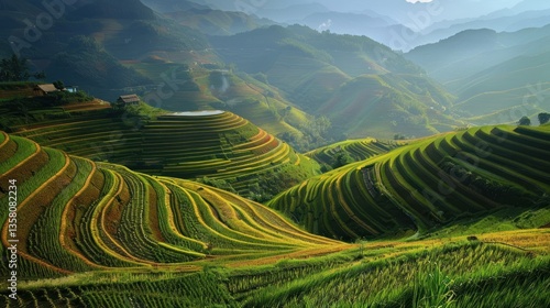 A beautiful green hillside with rice paddies landscape