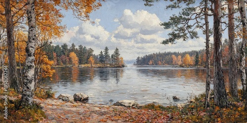 Serene autumnal lake scene, reflecting trees with golden leaves in calm water.  Rocks line the shore