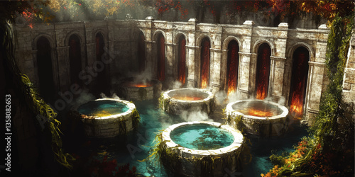 Majestic Ancient Stone Pools with Mystical Waterfall Background in Lush Greenery and Warm Autumn Foliage - Perfect for Fantasy and Architectural Inspiration