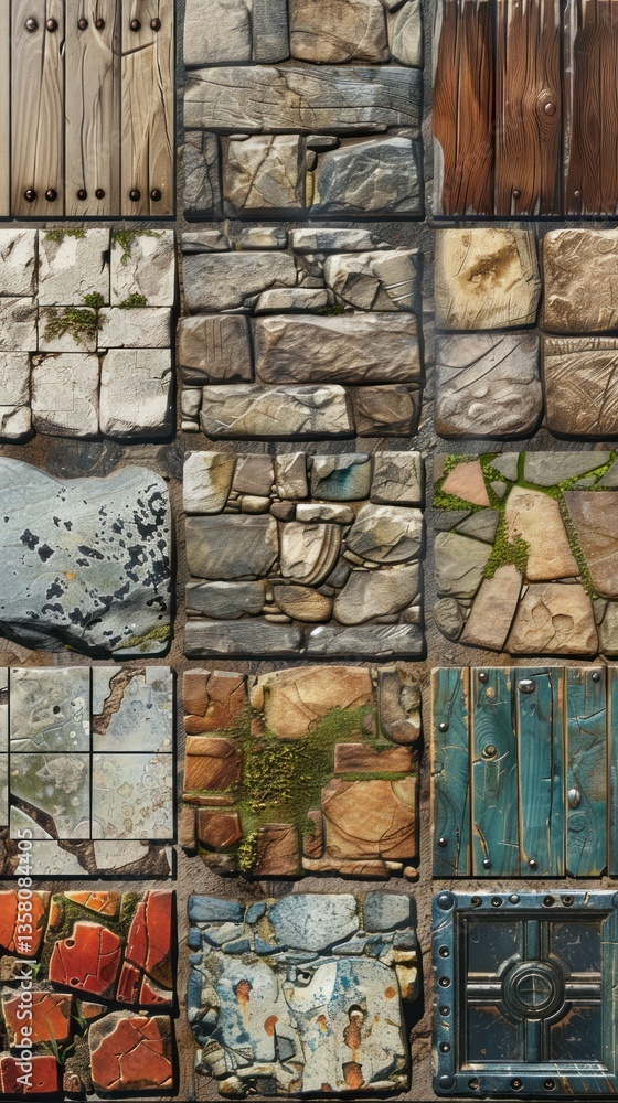 Naklejka premium Multi-material wall mosaic pattern, various textures