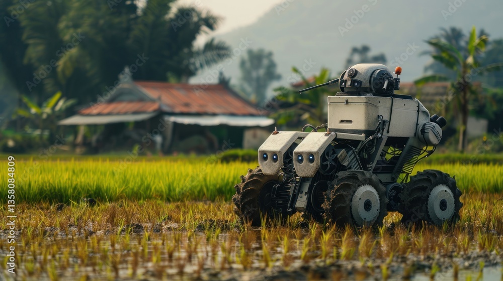 Fototapeta premium Innovation technology farming tractor robot is working in a rice field. AI generated