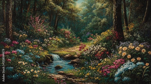 Serene Forest Stream With Abundant Blossoms