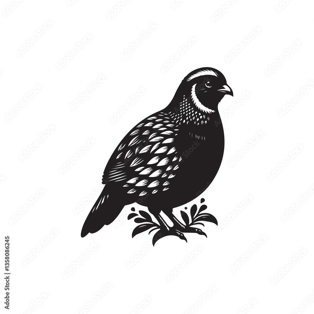 Fototapeta premium Black Color Quail Silhouette Vector Illustration, Solid White Background
