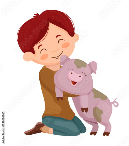 Vector illustration of a boy hugging his pet pig in a simple scene. The scene captures a child cuddling with a domestic animal.