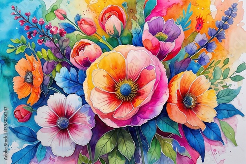 Wallpaper Mural Colorful Floral Watercolor Mixed Media Art with Textured Background and Vibrant Design Torontodigital.ca