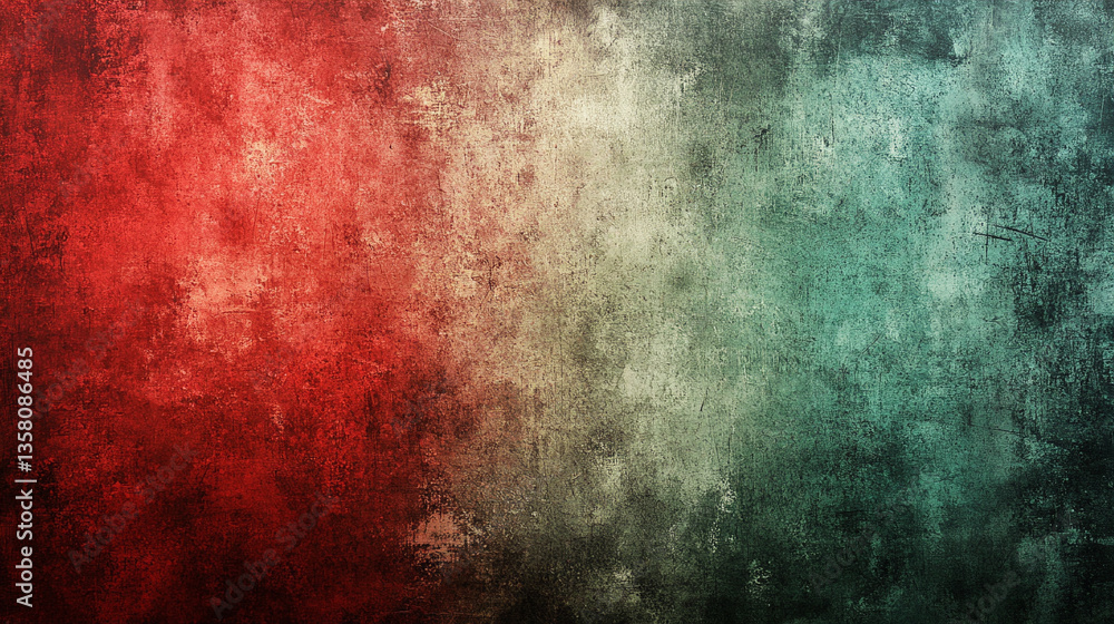 Fototapeta premium black and red blurred background with rough grunge grain texture, accented by a dark green glowing gradient and noise effect. Minimalistic bright light tone with empty caption space for modern design