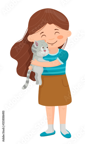Vector illustration of a girl holding her pet cat in a simple scene. The scene captures a child cuddling with a pet.