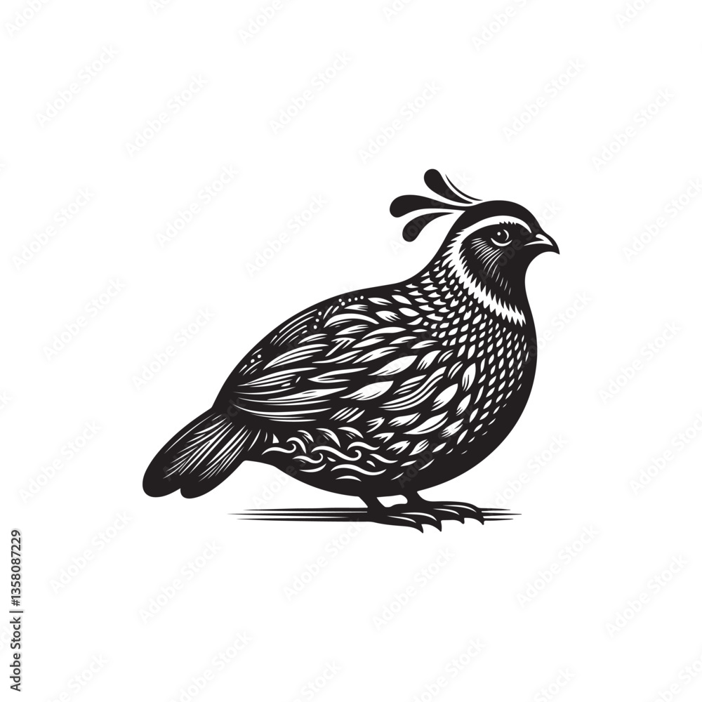 Obraz premium Black Color Quail Silhouette Vector Illustration, Solid White Background