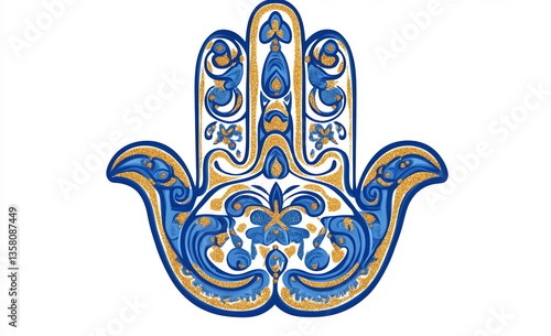 a hamsa hand embroidered with blue and gold on a white background,