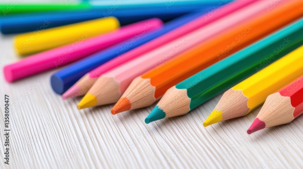 Colorful pencils arranged in a row on a wooden surface for vibrant creativity and artistic expression Colorful pencils arranged in a row on a wooden surface for vibrant creativity and artistic expression