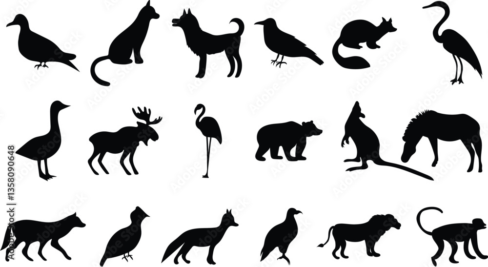 Obraz premium Diverse Animal Silhouettes Collection for Creative Use – Ideal for Graphic Design, Crafts, and Decor – Capture the Essence of Wildlife with Striking Black Shapes for Unique Artistic Projects