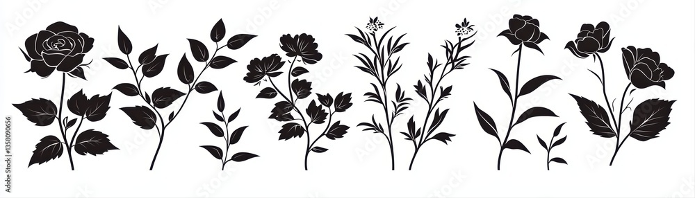 Black silhouette floral elements for design projects Black silhouette floral elements for design projects