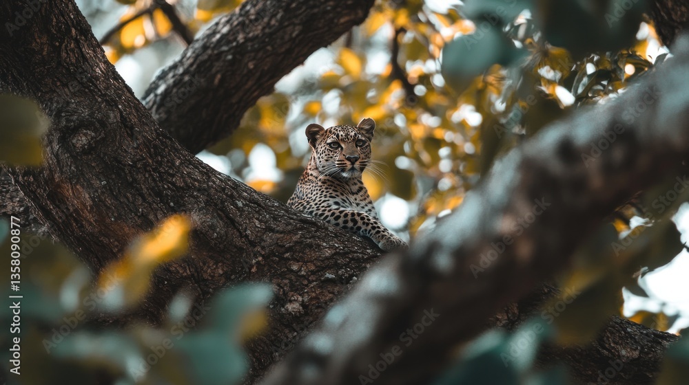 Obraz premium Leopard Resting High In A Tree Branch