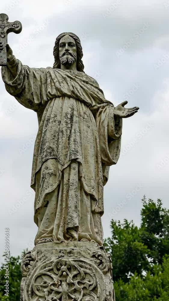 Statue of Christ holding a cross on a cloudy day in a serene outdoor setting Statue of Christ holding a cross on a cloudy day in a serene outdoor setting