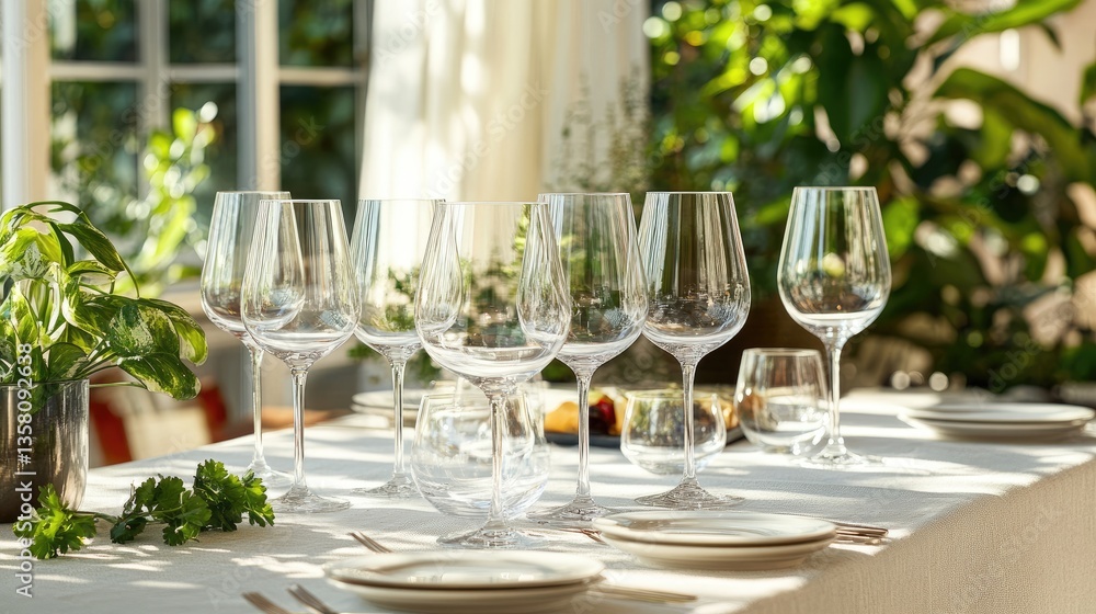 Sunlit Table Setting With Elegant Wine Glasses Sunlit Table Setting With Elegant Wine Glasses
